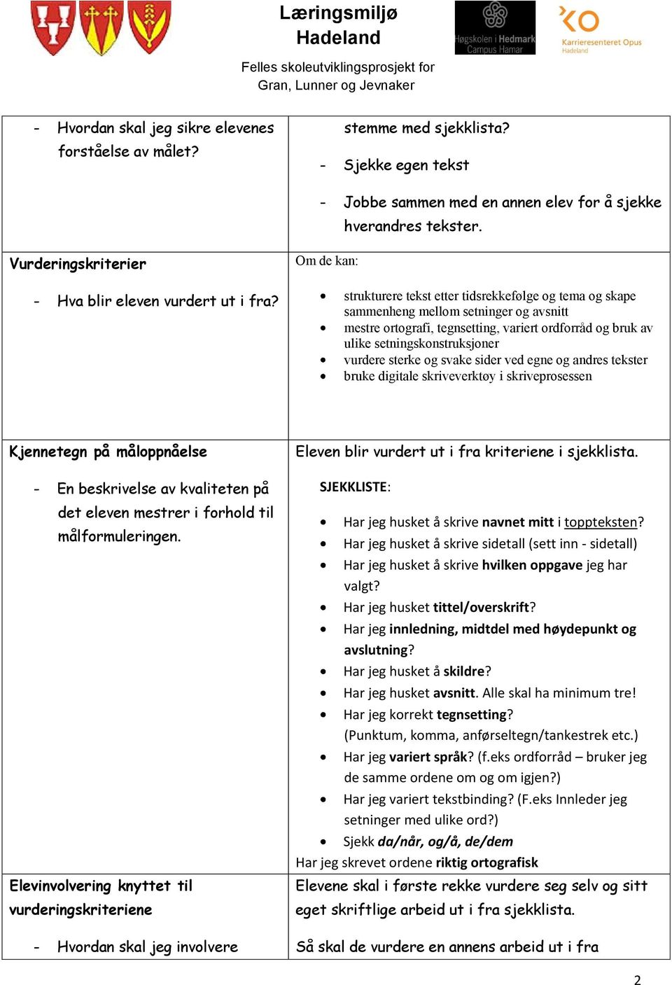 Om de kan: strukturere tekst etter tidsrekkefølge og tema og skape sammenheng mellom setninger og avsnitt mestre ortografi, tegnsetting, variert ordforråd og bruk av ulike setningskonstruksjoner