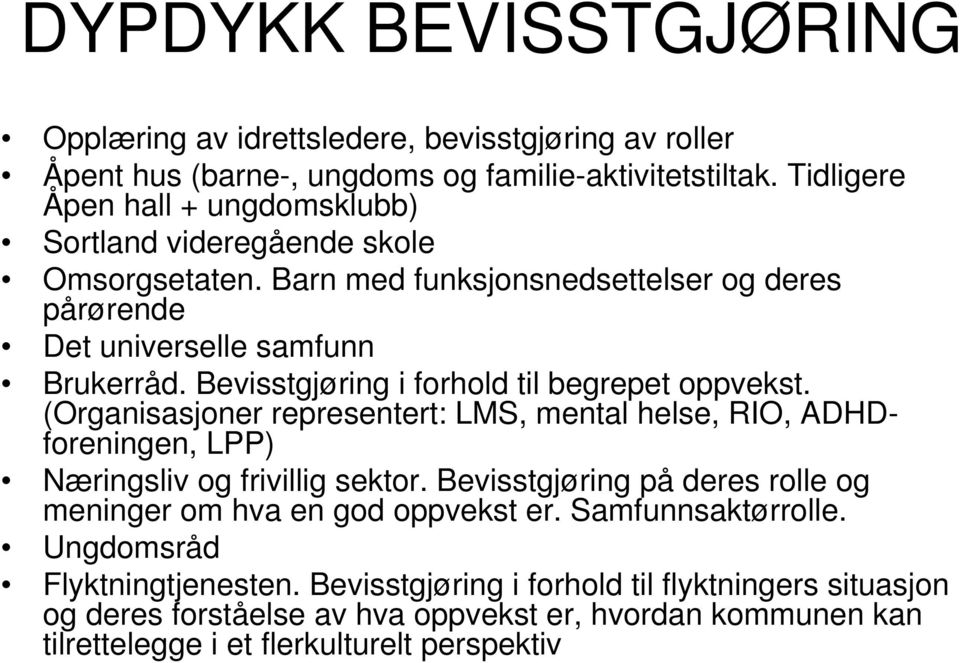 Bevisstgjøring i forhold til begrepet oppvekst. (Organisasjoner representert: LMS, mental helse, RIO, ADHDforeningen, LPP) Næringsliv og frivillig sektor.