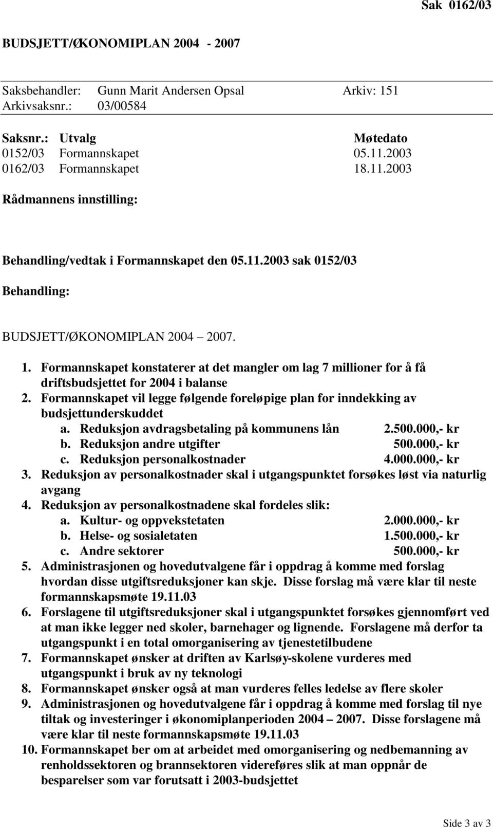 Formannskapet vil legge følgende foreløpige plan for inndekking av budsjettunderskuddet a. Reduksjon avdragsbetaling på kommunens lån 2.500.000,- kr b. Reduksjon andre utgifter 500.000,- kr c.