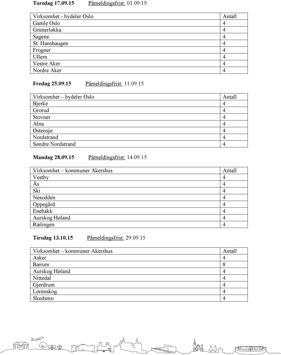 15 Påmeldingsfrist: 11.09.15 Virksomhet bydeler Oslo Bjerke 4 Grorud 4 Stovner 4 Alna 4 Østensjø 4 Nordstrand 4 Søndre Nordstrand 4 Mandag 28.09.15 Påmeldingsfrist: 14.