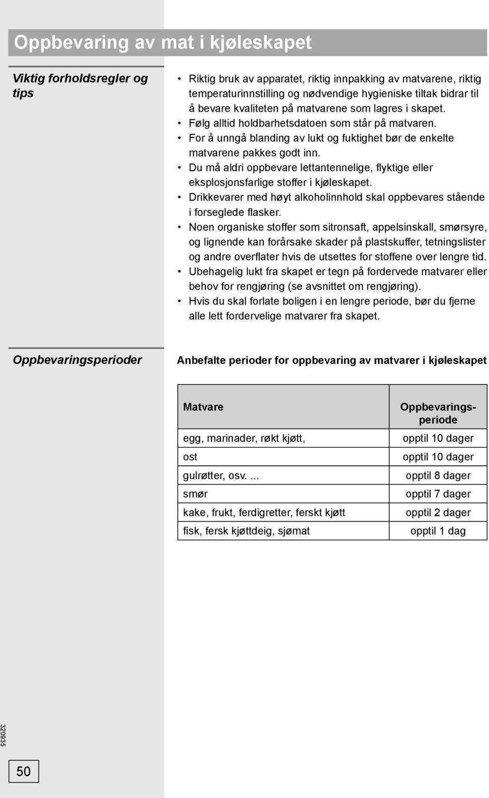 Du må aldri oppbevare lettantennelige, fl yktige eller eksplosjonsfarlige stoffer i kjøleskapet. Drikkevarer med høyt alkoholinnhold skal oppbevares stående i forseglede fl asker.