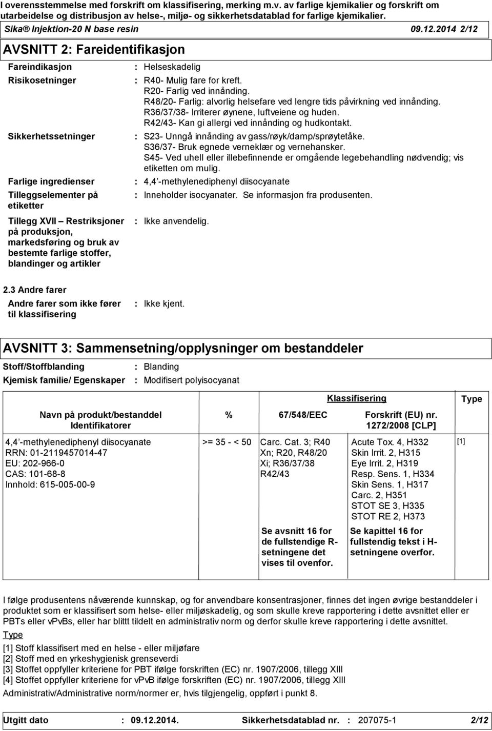 og bruk av bestemte farlige stoffer, blandinger og artikler Helseskadelig R40 Mulig fare for kreft. R20 Farlig ved innånding. R48/20 Farlig alvorlig helsefare ved lengre tids påvirkning ved innånding.