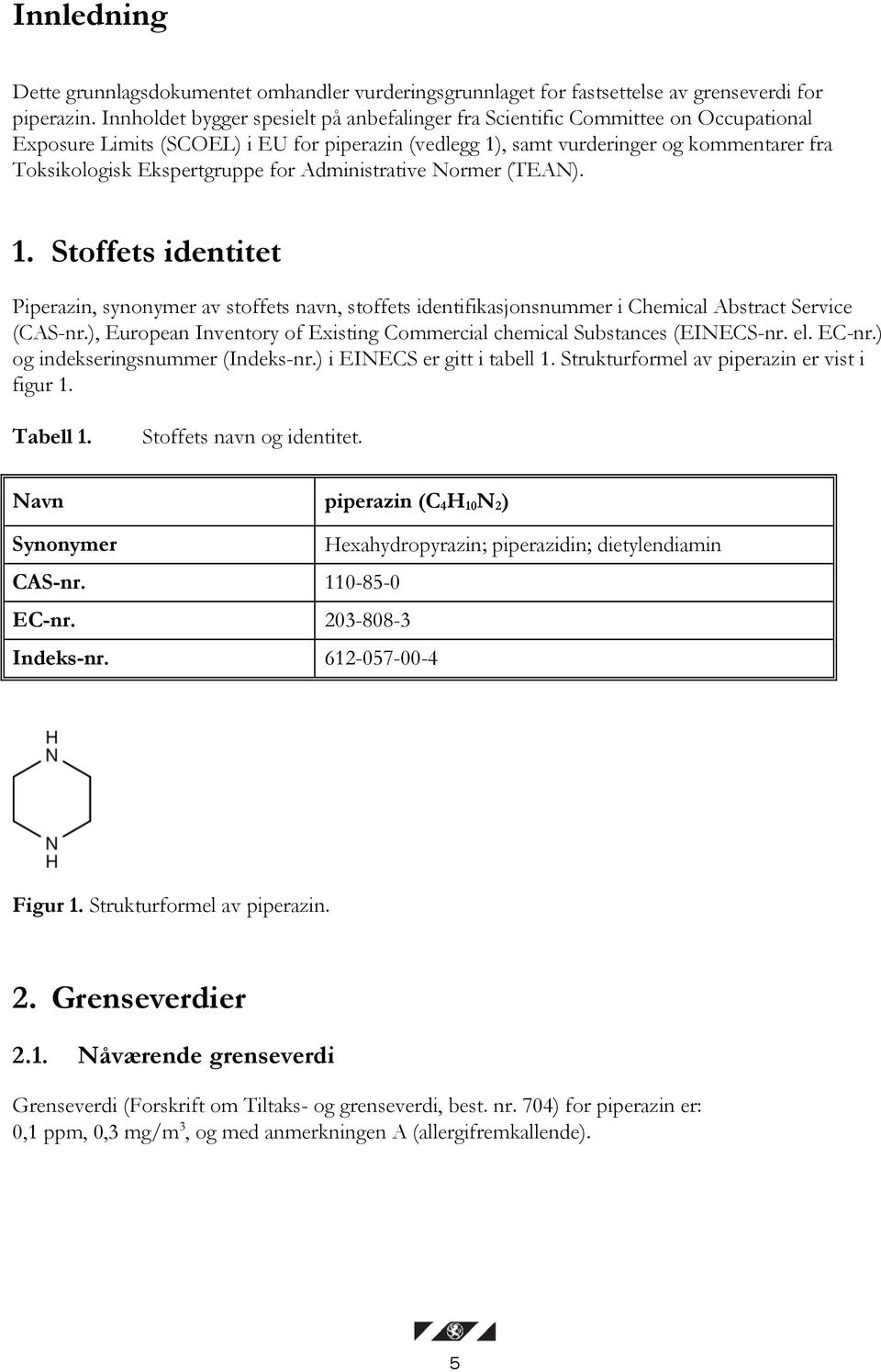 Ekspertgruppe for Administrative Normer (TEAN). 1. Stoffets identitet Piperazin, synonymer av stoffets navn, stoffets identifikasjonsnummer i Chemical Abstract Service (CAS-nr.