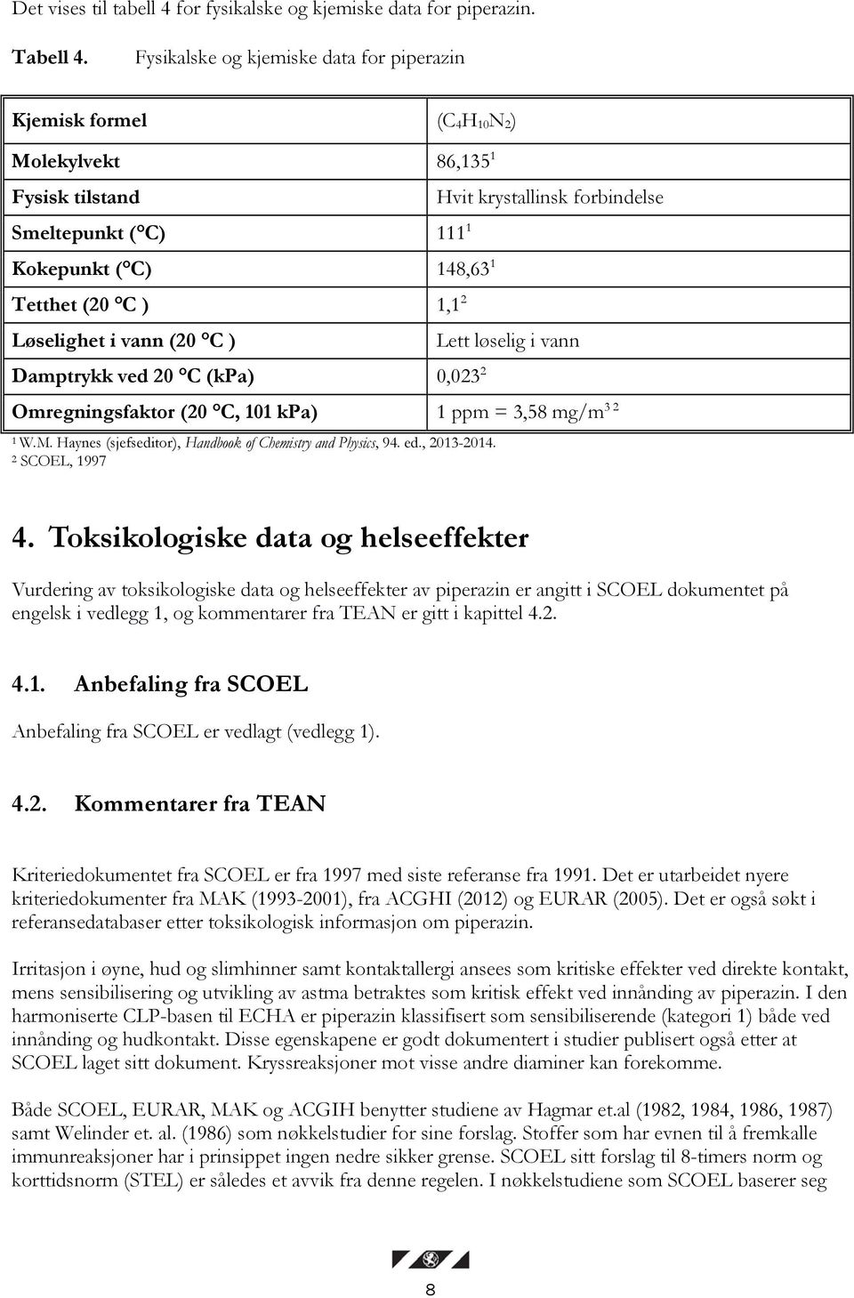 (20 C ) Damptrykk ved 20 C (kpa) 0,023 2 Hvit krystallinsk forbindelse Lett løselig i vann Omregningsfaktor (20 C, 101 kpa) 1 ppm = 3,58 mg/m 32 1 W.M.