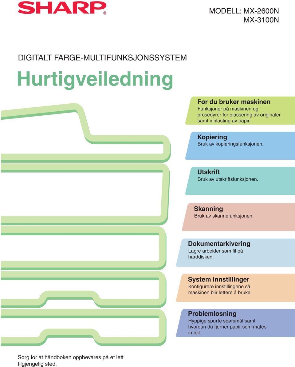 Skanning Bruk av skannefunksjonen. Dokumentarkivering Lagre arbeider som fil på harddisken.