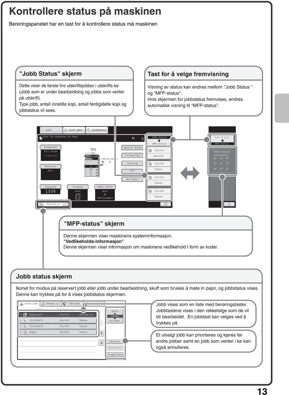 Tast for å velge fremvisning Visning av status kan endres mellom "Jobb Status " og "MFP-status". Hvis skjermen for jobbstatus fremvises, endres automatisk visning til "MFP-status".