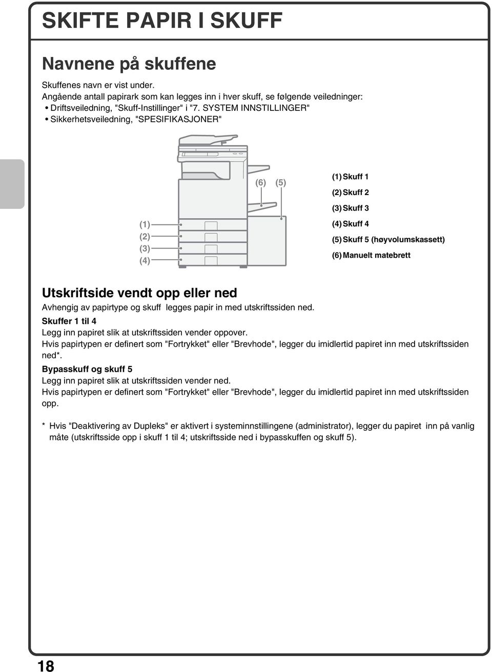 vendt opp eller ned Avhengig av papirtype og skuff legges papir in med utskriftssiden ned. Skuffer 1 til 4 Legg inn papiret slik at utskriftssiden vender oppover.