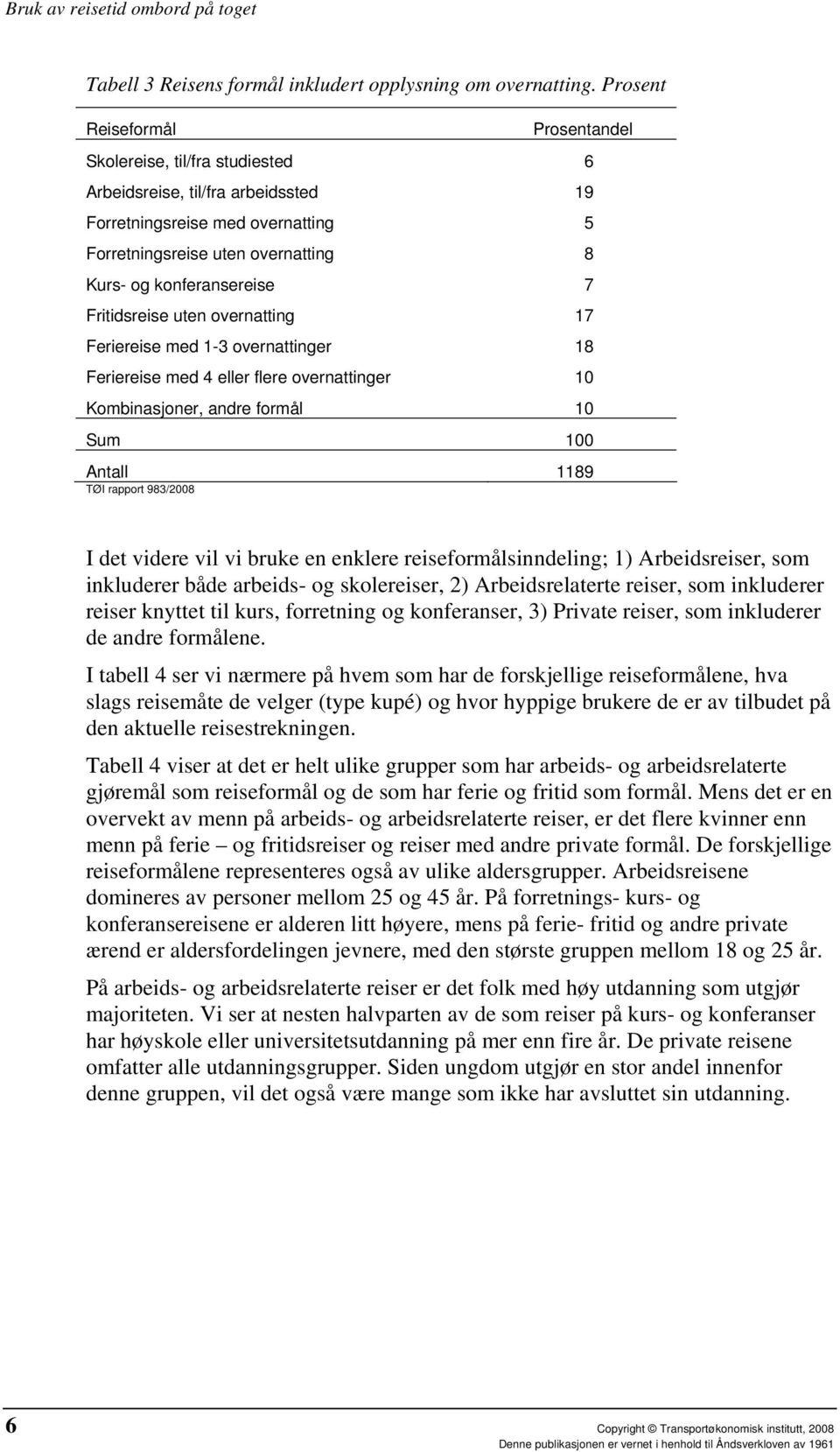 7 Fritidsreise uten overnatting 17 Feriereise med 1-3 overnattinger 18 Feriereise med 4 eller flere overnattinger 10 Kombinasjoner, andre formål 10 Sum 100 Antall 1189 TØI rapport 983/2008 I det