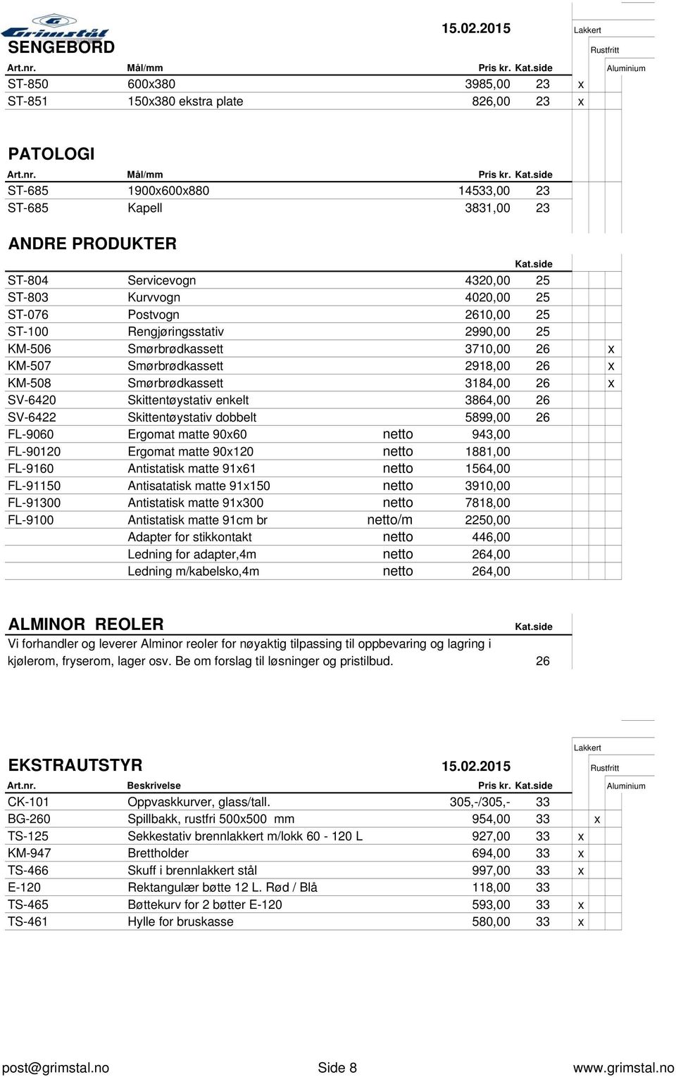 KM-508 Smørbrødkassett 3184,00 26 x SV-6420 Skittentøystativ enkelt 3864,00 26 SV-6422 Skittentøystativ dobbelt 5899,00 26 FL-9060 Ergomat matte 90x60 netto 943,00 FL-90120 Ergomat matte 90x120 netto