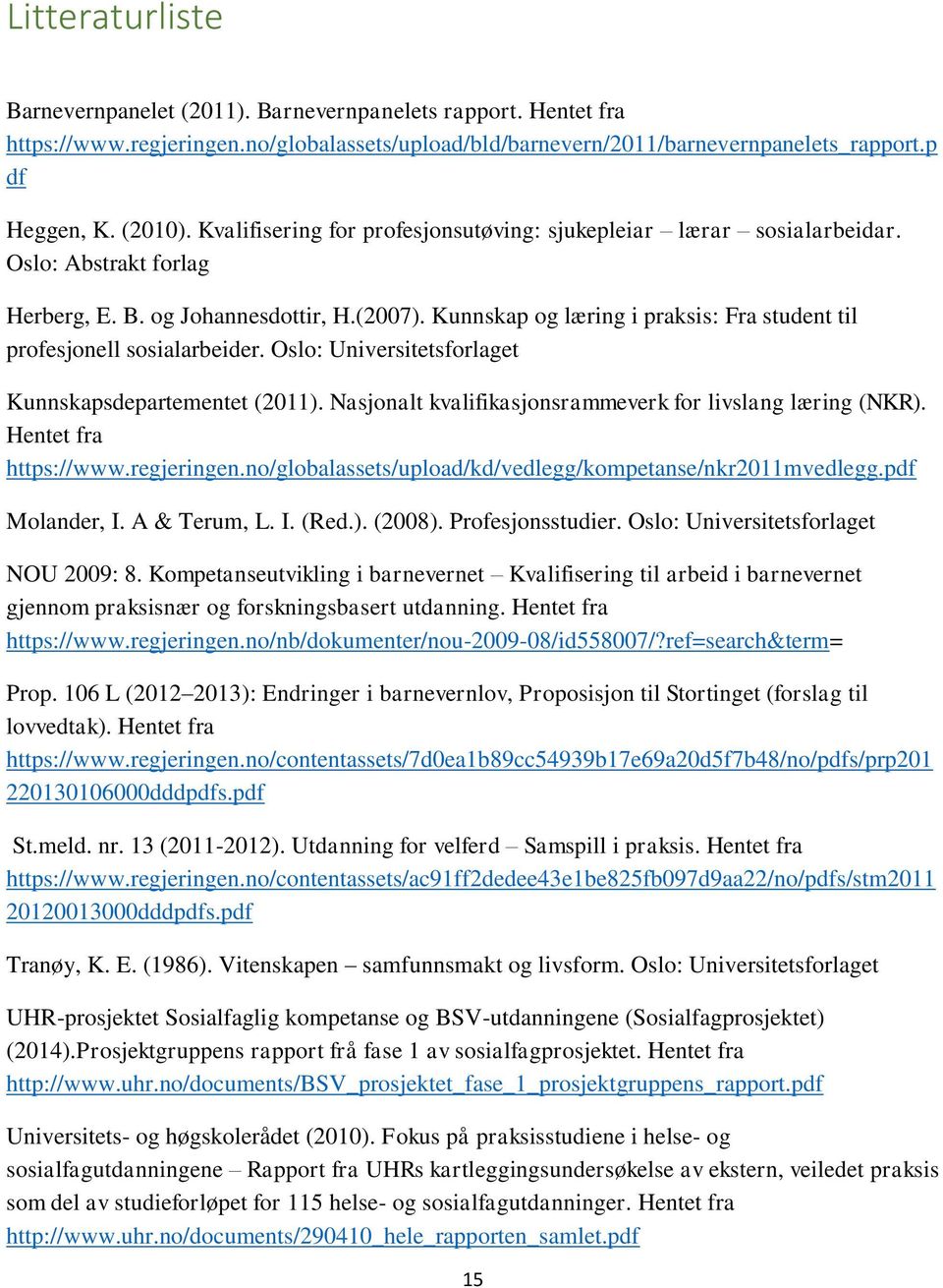 Kunnskap og læring i praksis: Fra student til profesjonell sosialarbeider. Oslo: Universitetsforlaget Kunnskapsdepartementet (2011). Nasjonalt kvalifikasjonsrammeverk for livslang læring (NKR).