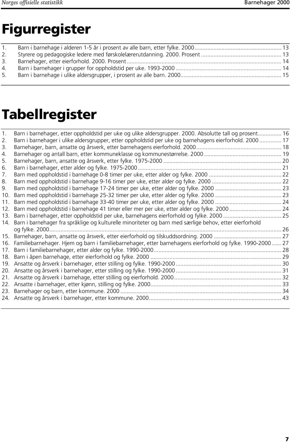 Barn i barnehage i ulike aldersgrupper, i prosent av alle barn. 2000... 15 Tabellregister 1. Barn i, etter oppholdstid per uke og ulike aldersgrupper. 2000. Absolutte tall og prosent... 16 2.