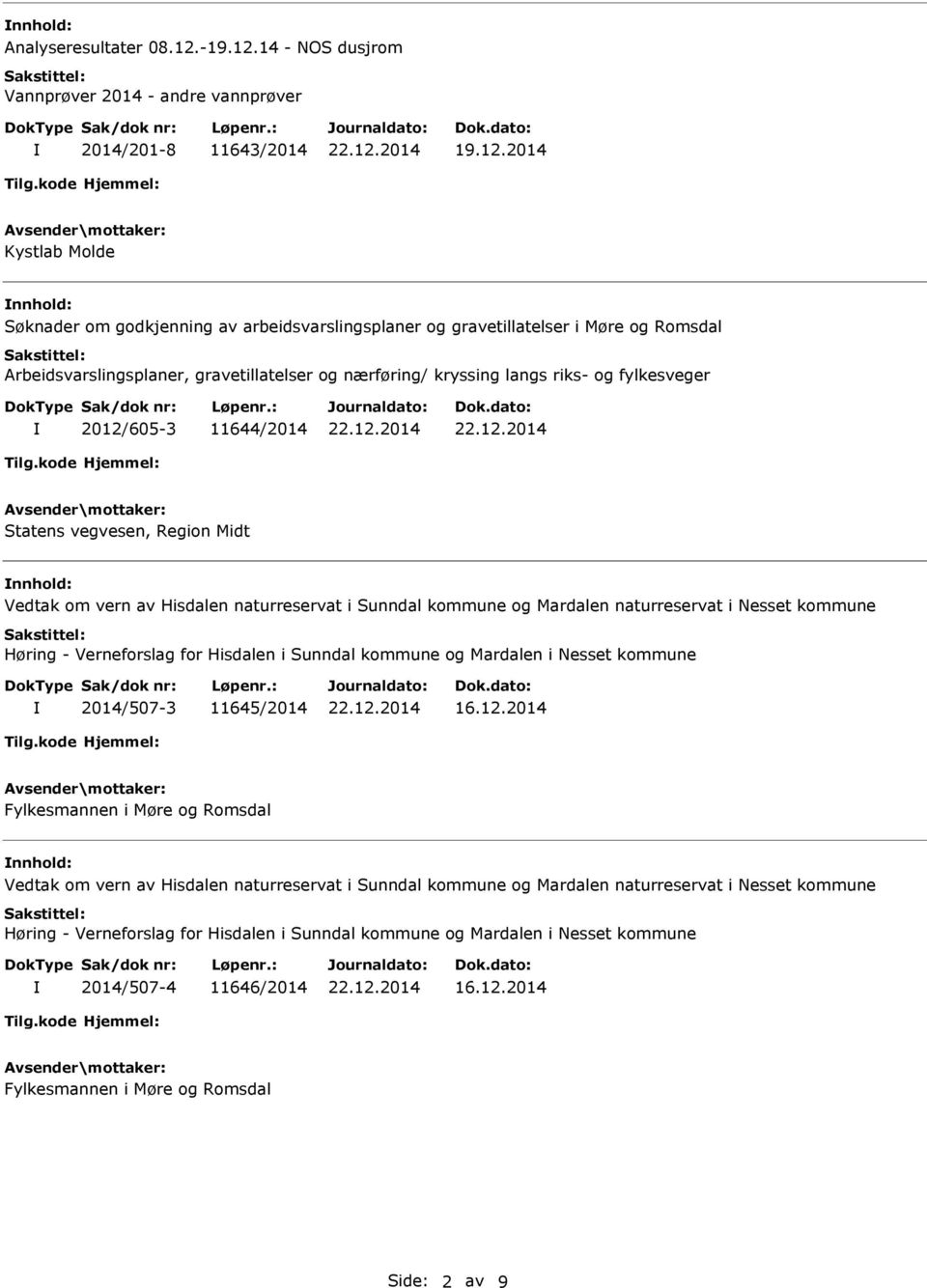 14 - NOS dusjrom Vannprøver 2014 - andre vannprøver 2014/201-8 11643/2014 Kystlab Molde nnhold: Søknader om godkjenning av arbeidsvarslingsplaner og gravetillatelser i Møre og Romsdal