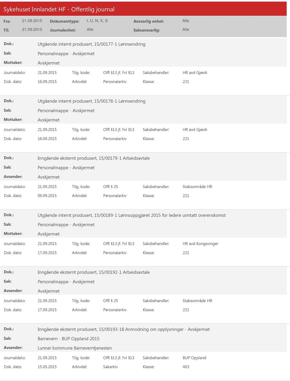 dato: 17.09.2015 Arkivdel: Personalarkiv Inngående eksternt produsert, 15/00193-18 Anmodning om opplysninger - Barnevern - BP Oppland 2015 Lunner kommune Barneverntjenesten BP Oppland Dok.