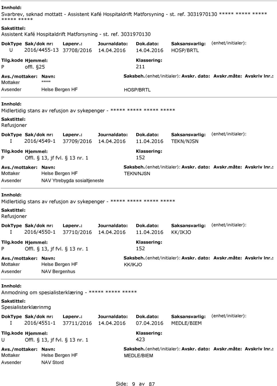 2016 TEKN/NJSN 152 Avs./mottaker: Navn: Saksbeh. Avskr. dato: Avskr.måte: Avskriv lnr.