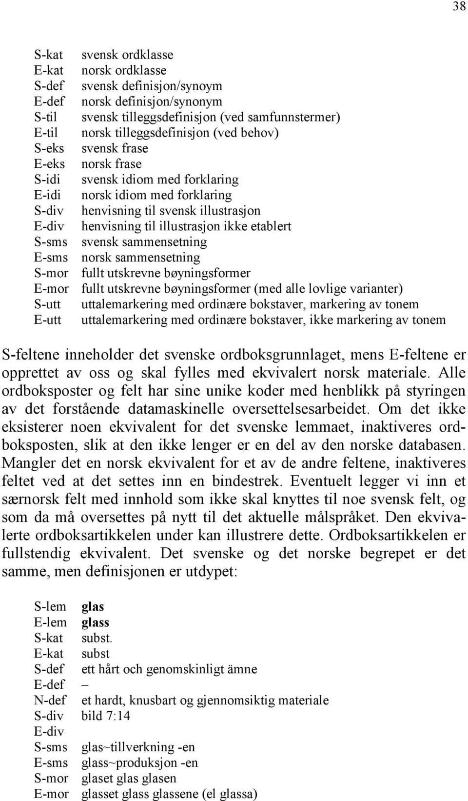 S-sms svensk sammensetning E-sms norsk sammensetning S-mor fullt utskrevne bøyningsformer E-mor fullt utskrevne bøyningsformer (med alle lovlige varianter) S-utt uttalemarkering med ordinære