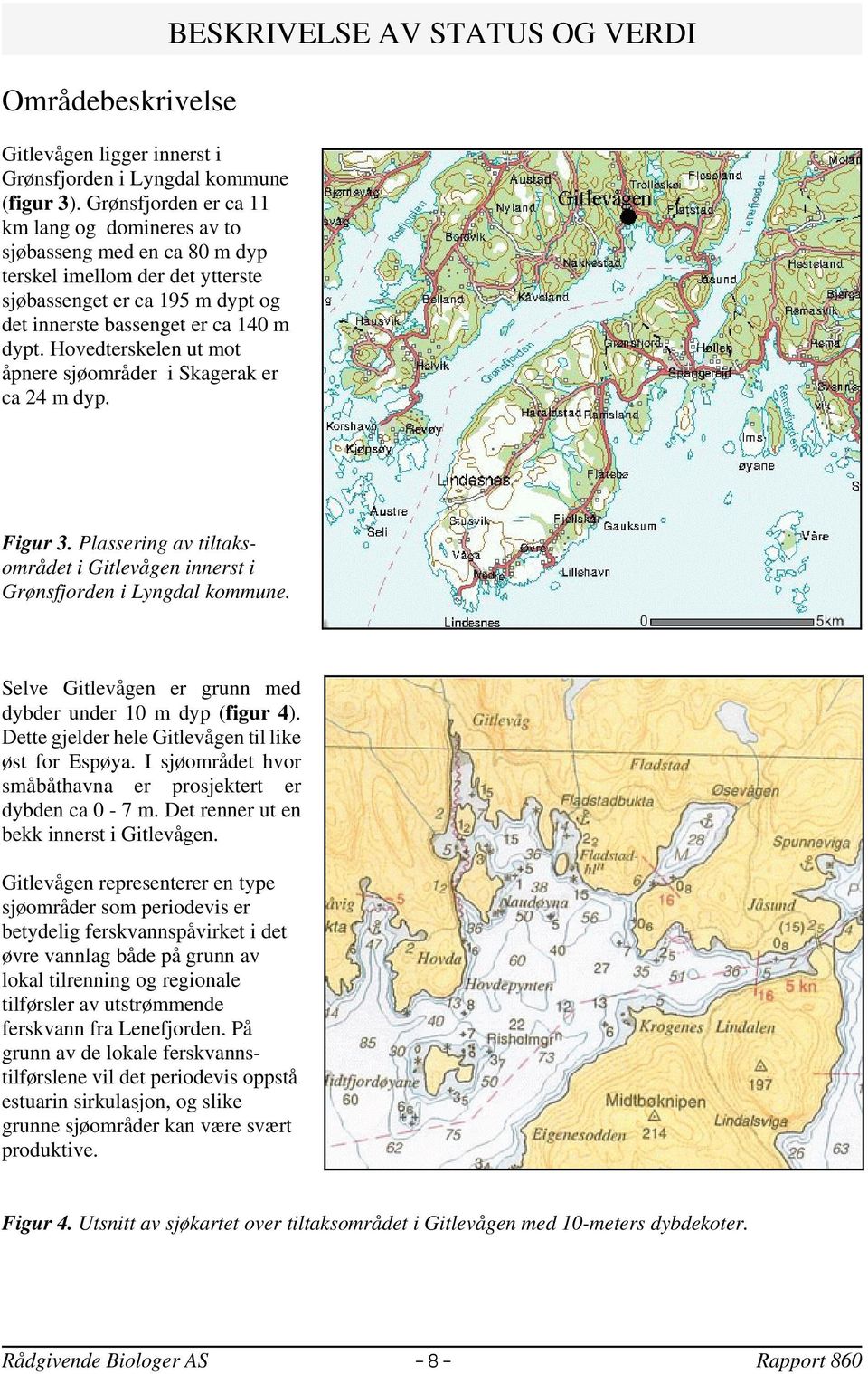 Hovedterskelen ut mot åpnere sjøområder i Skagerak er ca 24 m dyp. BESKRIVELSE AV STATUS OG VERDI Figur 3. Plassering av tiltaksområdet i Gitlevågen innerst i Grønsfjorden i Lyngdal kommune.