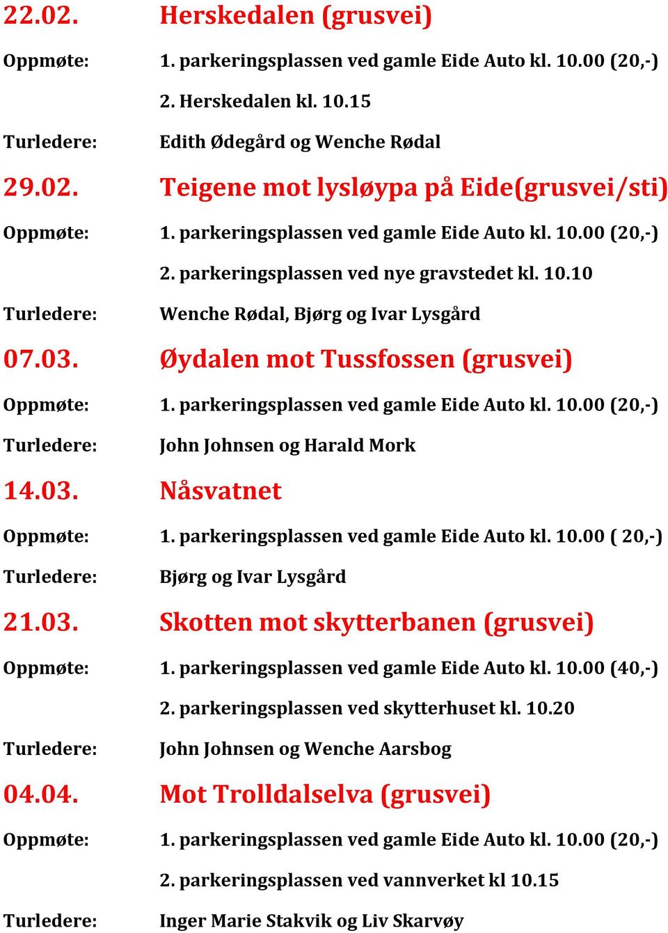 Øydalen mot Tussfossen (grusvei) John Johnsen og Harald Mork 14.03. Nåsvatnet Oppmøte: 1. parkeringsplassen ved gamle Eide Auto kl. 10.