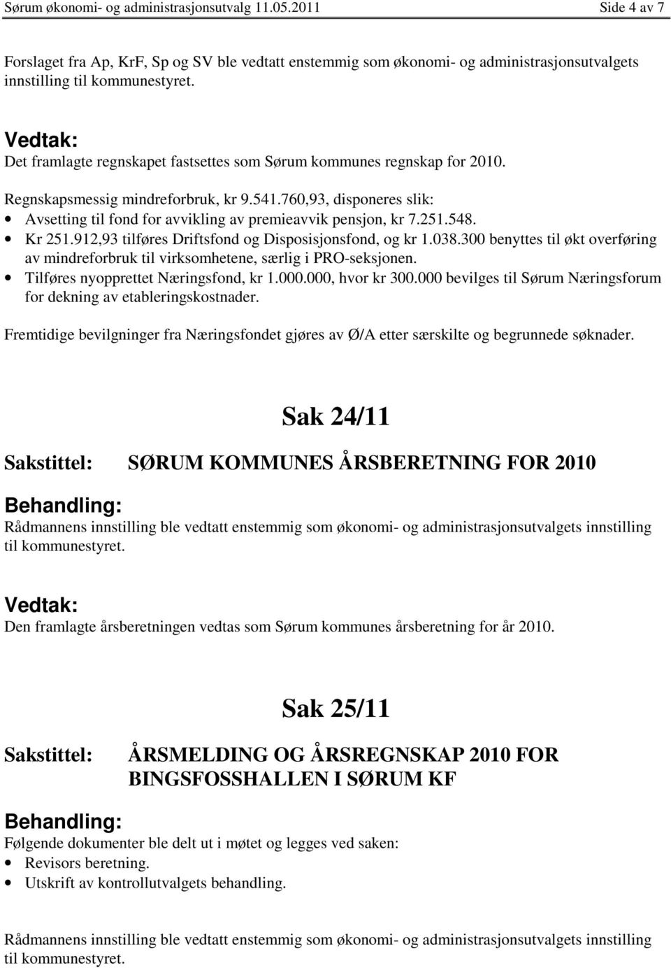 Regnskapsmessig mindreforbruk, kr 9.541.760,93, disponeres slik: Avsetting til fond for avvikling av premieavvik pensjon, kr 7.251.548. Kr 251.912,93 tilføres Driftsfond og Disposisjonsfond, og kr 1.