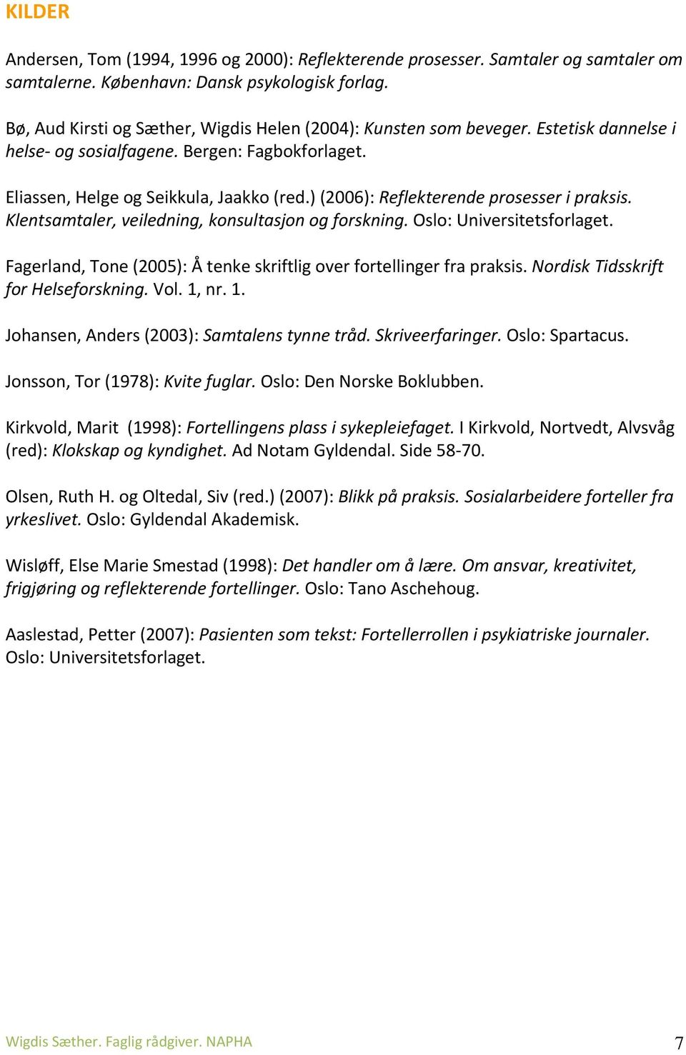 ) (2006): Reflekterende prosesser i praksis. Klentsamtaler, veiledning, konsultasjon og forskning. Oslo: Universitetsforlaget. Fagerland, Tone (2005): Å tenke skriftlig over fortellinger fra praksis.