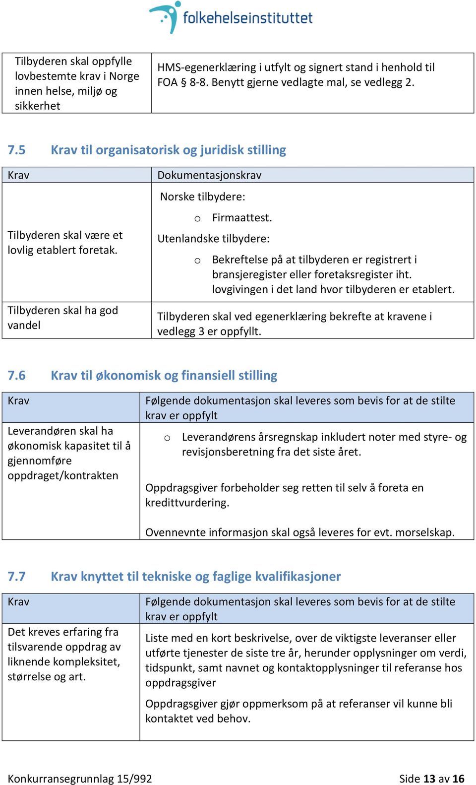 Utenlandske tilbydere: o Bekreftelse på at tilbyderen er registrert i bransjeregister eller foretaksregister iht. lovgivingen i det land hvor tilbyderen er etablert.