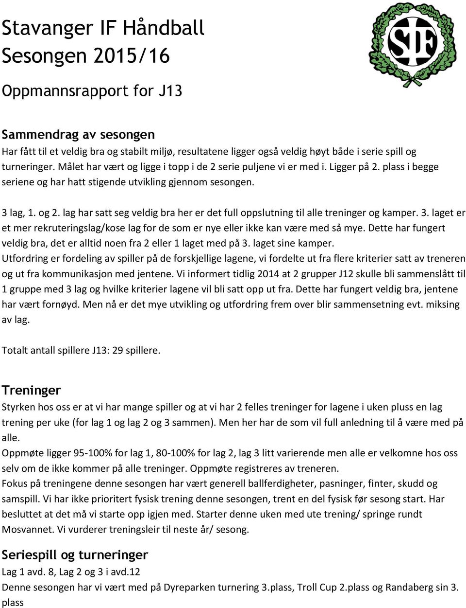 lag har satt seg veldig bra her er det full oppslutning til alle treninger og kamper. 3. laget er et mer rekruteringslag/kose lag for de som er nye eller ikke kan være med så mye.