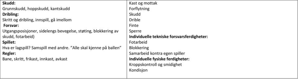 Alle skal kjenne på ballen Regler: Bane, skritt, frikast, innkast, avkast Kast og mottak Forflytning Skudd Drible Finte Sperre