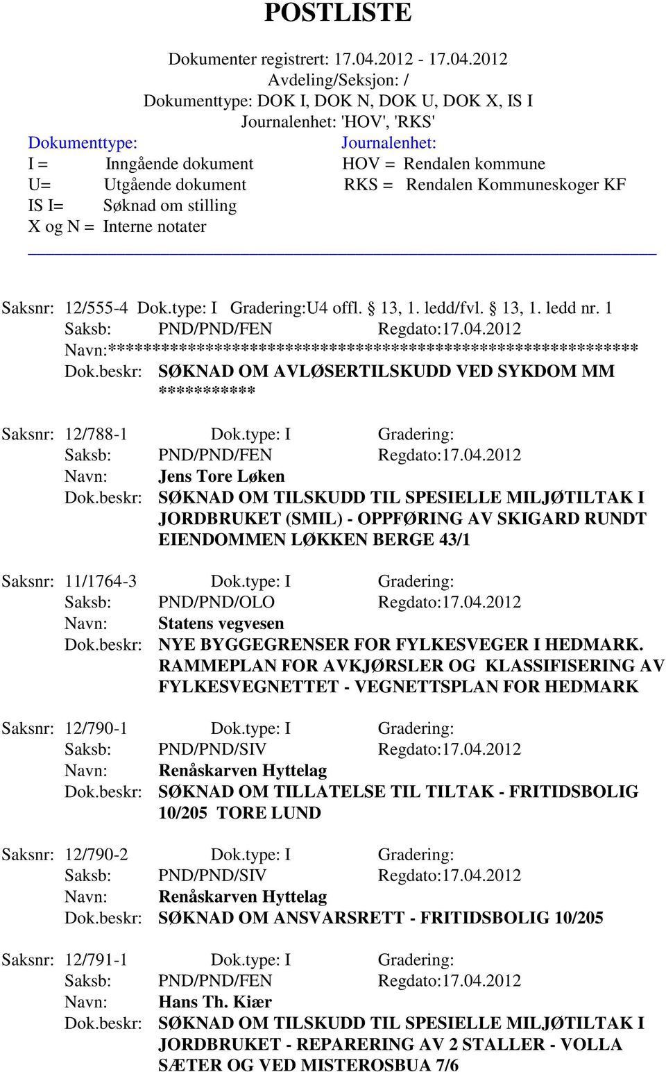 type: I Gradering: Navn: Jens Tore Løken JORDBRUKET (SMIL) - OPPFØRING AV SKIGARD RUNDT EIENDOMMEN LØKKEN BERGE 43/1 Saksnr: 11/1764-3 Dok.type: I Gradering: Saksb: PND/PND/OLO Regdato:17.04.