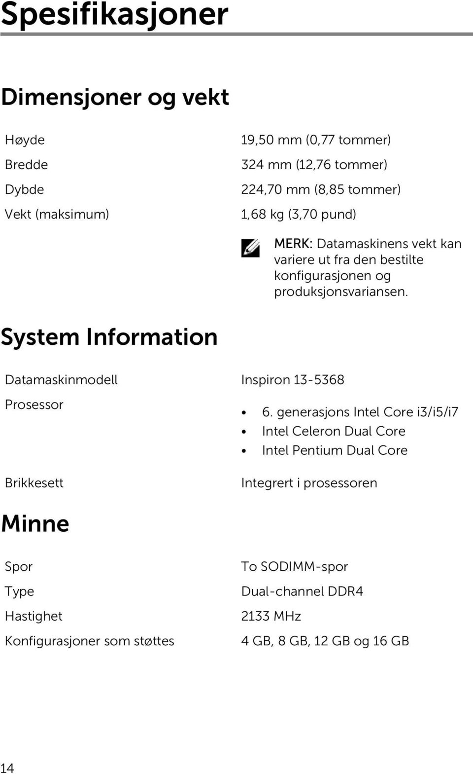 System Information Datamaskinmodell Inspiron 13-5368 Prosessor Brikkesett 6.