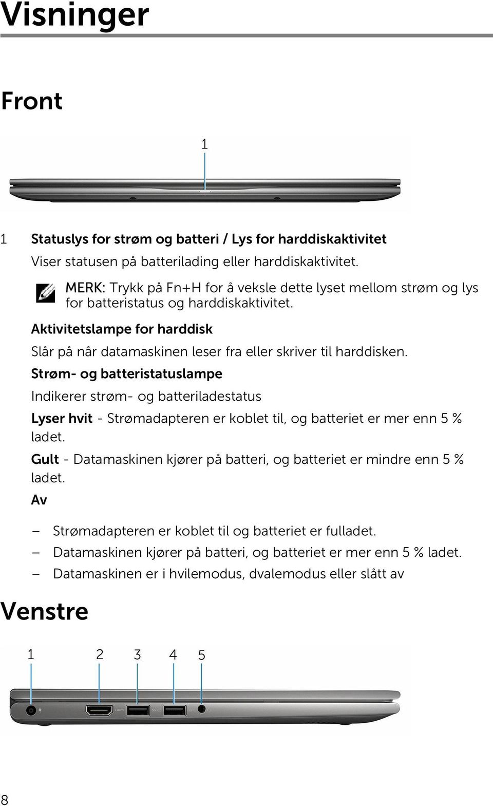 Aktivitetslampe for harddisk Slår på når datamaskinen leser fra eller skriver til harddisken.