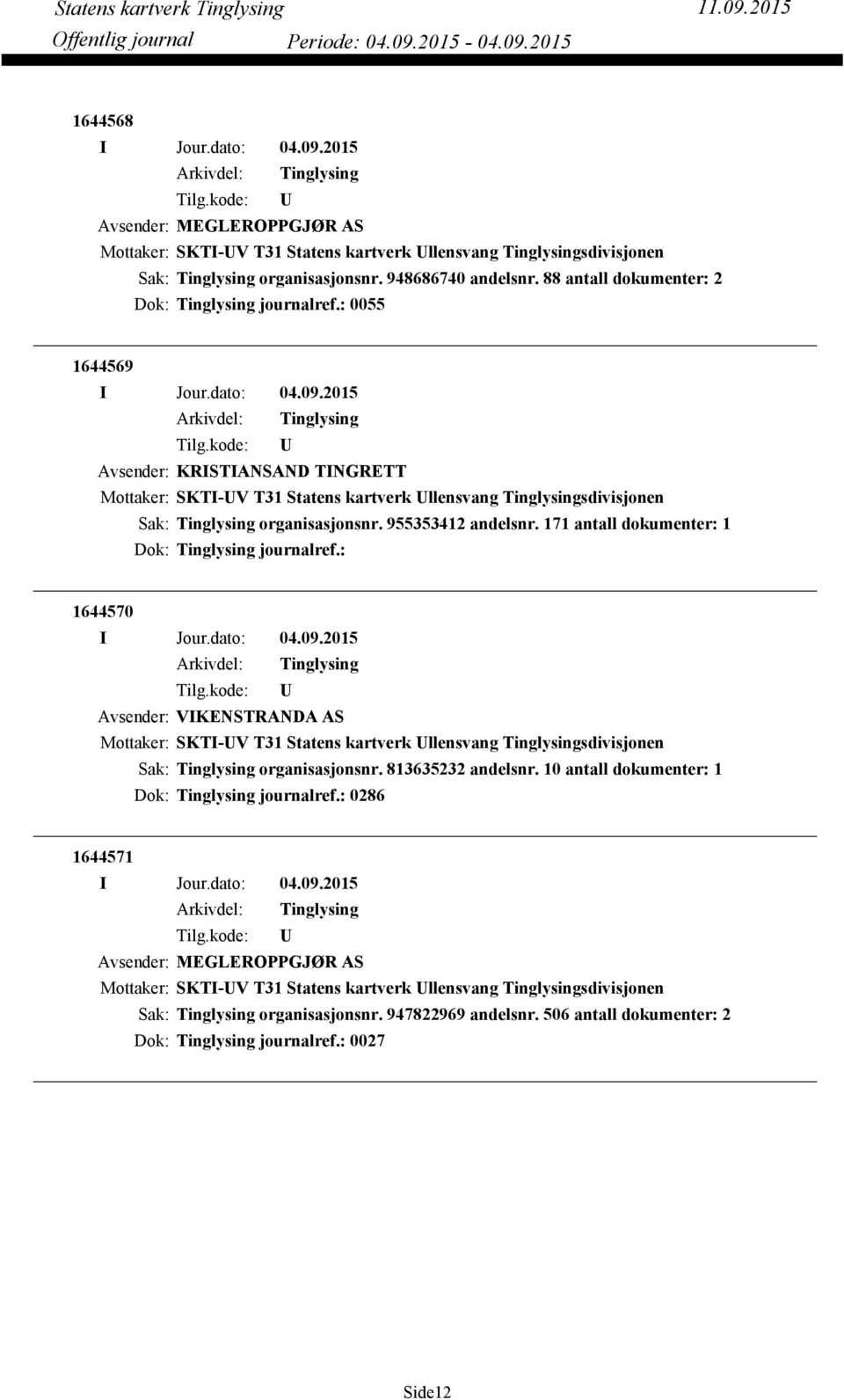 171 antall dokumenter: 1 Dok: journalref.: 1644570 Avsender: VIKENSTRANDA AS Mottaker: SKTI-V T31 Statens kartverk llensvang sdivisjonen organisasjonsnr. 813635232 andelsnr.