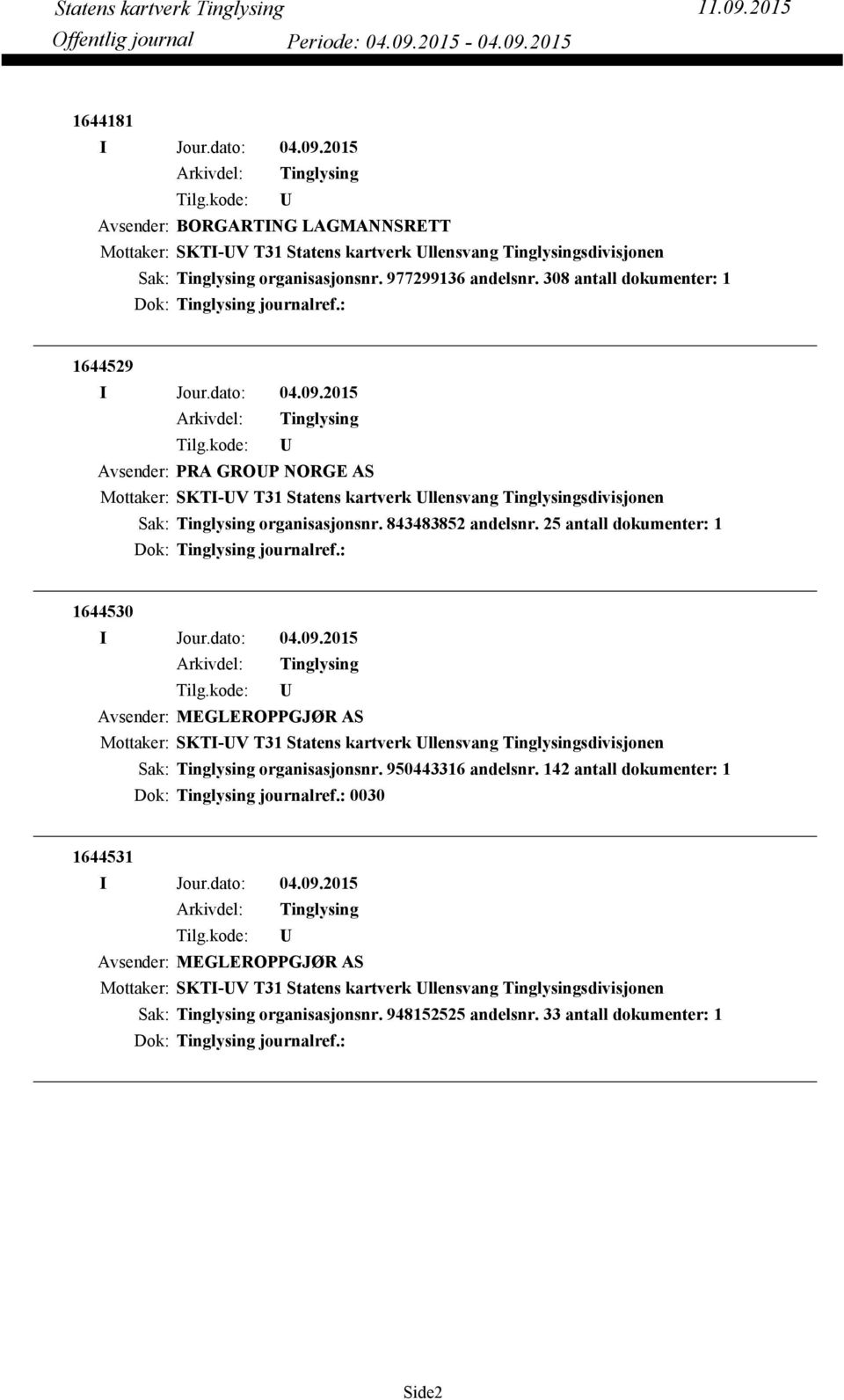 25 antall dokumenter: 1 Dok: journalref.: 1644530 Avsender: MEGLEROPPGJØR AS Mottaker: SKTI-V T31 Statens kartverk llensvang sdivisjonen organisasjonsnr. 950443316 andelsnr.