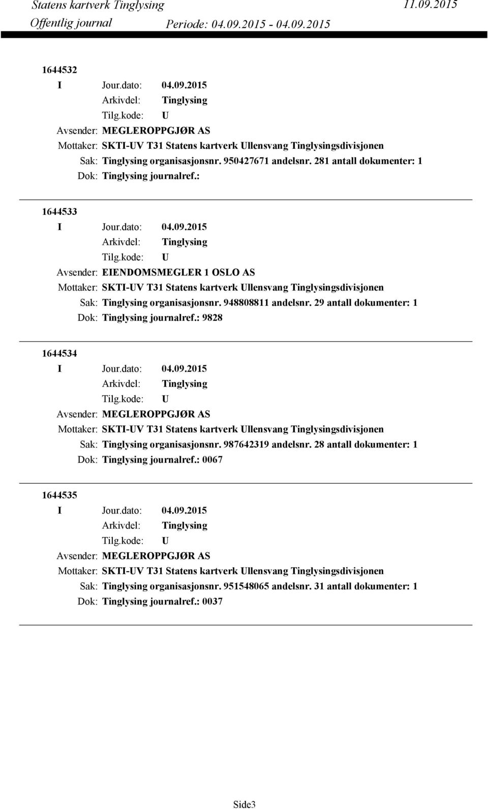 29 antall dokumenter: 1 Dok: journalref.: 9828 1644534 Avsender: MEGLEROPPGJØR AS Mottaker: SKTI-V T31 Statens kartverk llensvang sdivisjonen organisasjonsnr. 987642319 andelsnr.