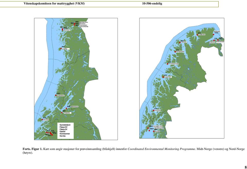 Kart som angir stasjoner for prøveinnsamling (blåskjell)