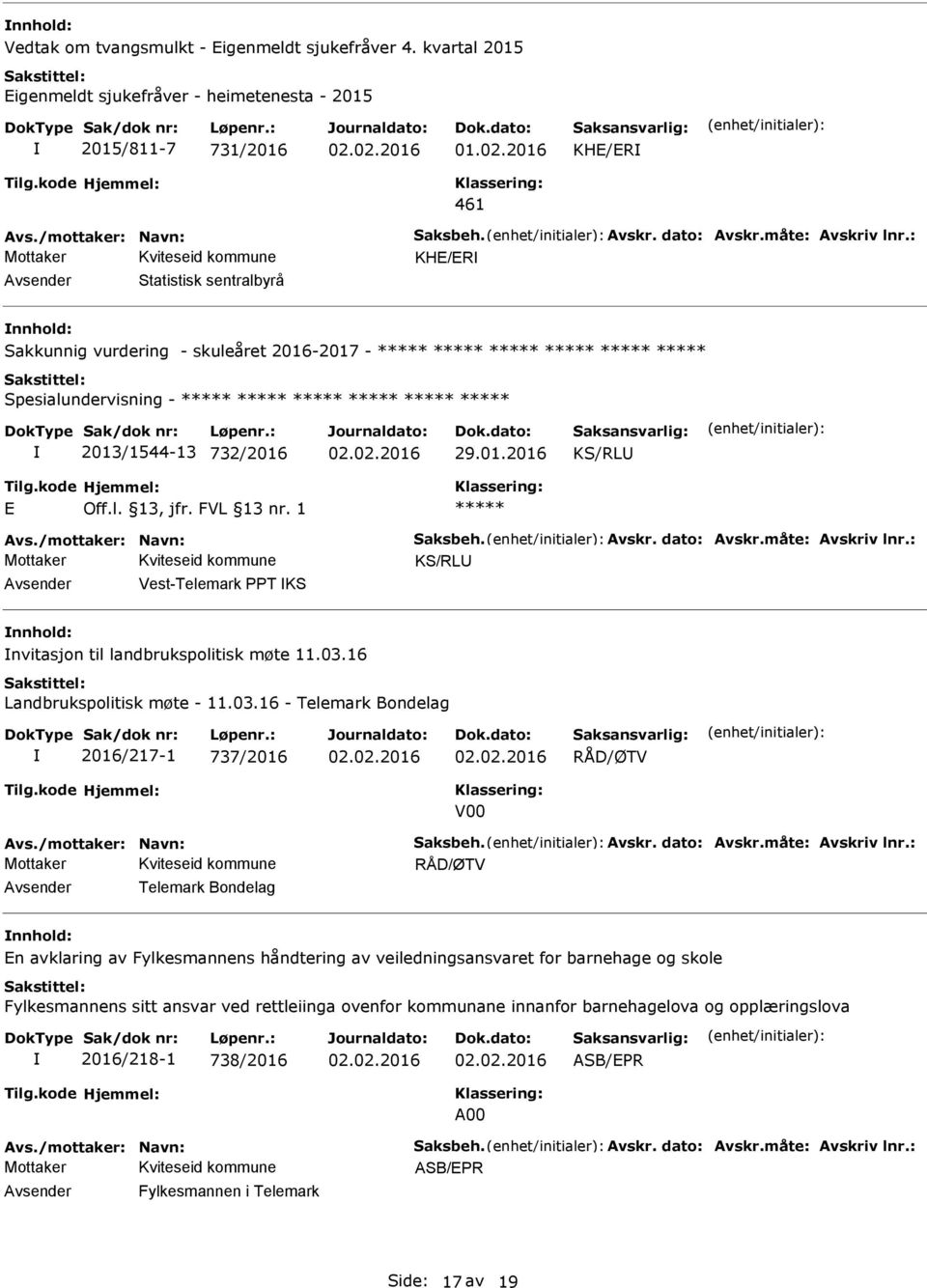 Spesialundervisning - 2013/1544-13 732/2016 KS/RL E KS/RL Vest-Telemark PPT KS nvitasjon til landbrukspolitisk møte 11.03.