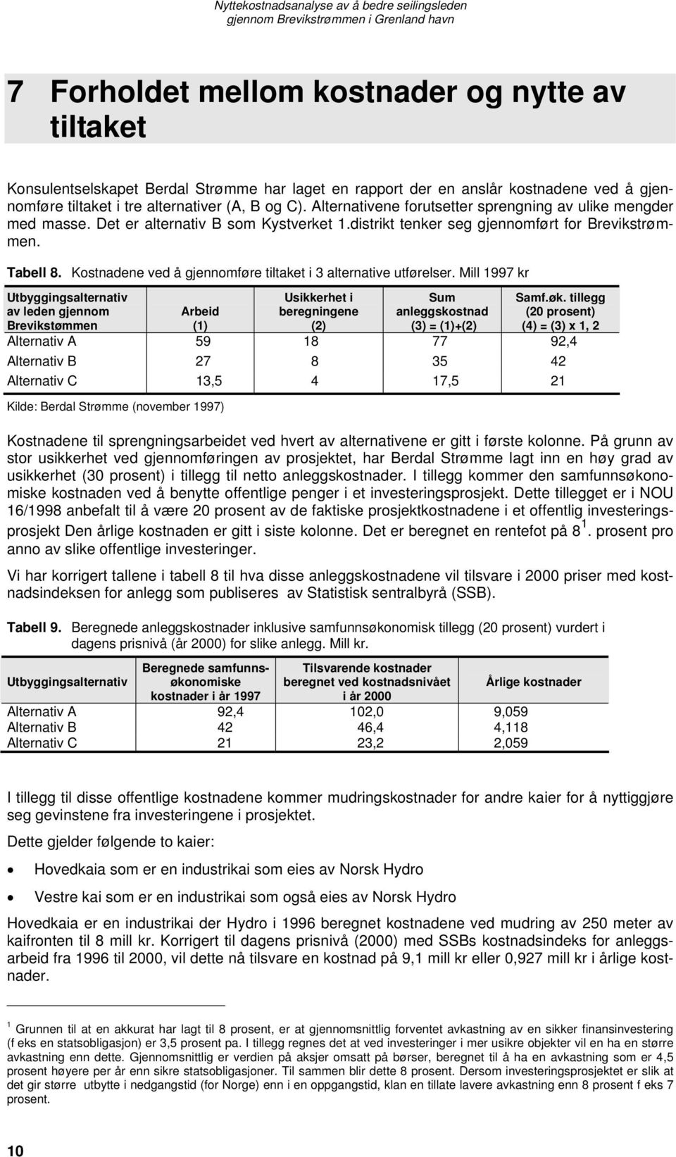 Kostnadene ved å gjennomføre tiltaket i 3 alternative utførelser.