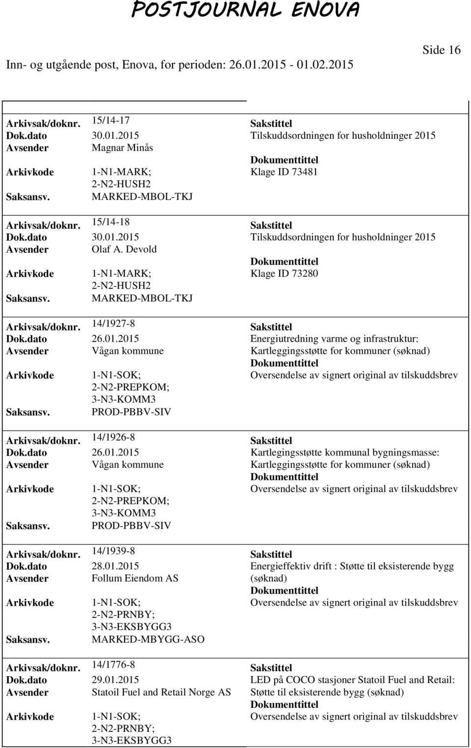 dato 26.01.2015 Energiutredning varme og infrastruktur: Avsender Vågan kommune Kartleggingsstøtte for kommuner (søknad) PREPKOM; Arkivsak/doknr. 14/1926-8 Sakstittel Dok.dato 26.01.2015 Kartlegingsstøtte kommunal bygningsmasse: Avsender Vågan kommune Kartleggingsstøtte for kommuner (søknad) PREPKOM; Arkivsak/doknr.