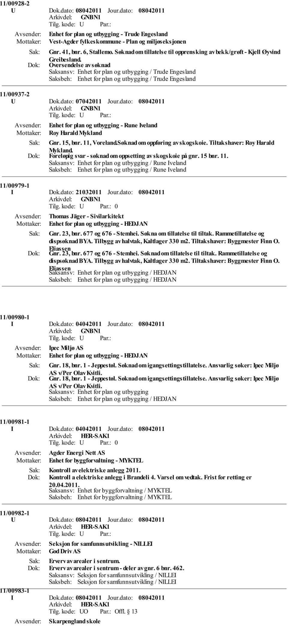 Oversendelse av søknad Saksansv: Enhet for plan og utbygging / Trude Engesland Saksbeh: Enhet for plan og utbygging / Trude Engesland 11/00937-2 U Dok.dato: 07042011 Jour.