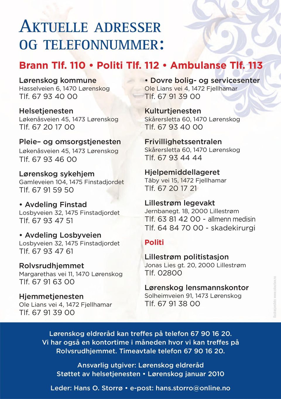 67 20 17 00 Kulturtjenesten Skårersletta 60, 1470 Lørenskog Tlf. 67 93 40 00 Pleie og omsorgstjenesten Løkenåsveien 45, 1473 Lørenskog Tlf.