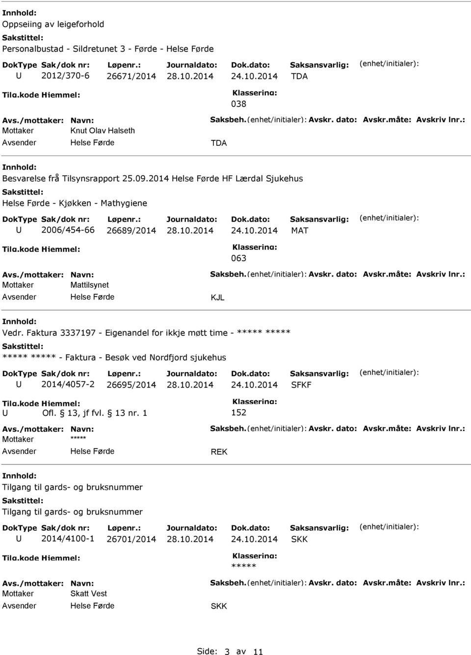 måte: Avskriv lnr.: Mattilsynet KJL Vedr. Faktura 3337197 - Eigenandel for ikkje møtt time - ***** ***** ***** ***** - Faktura - Besøk ved Nordfjord sjukehus 2014/4057-2 26695/2014 SFKF 152 Avs.