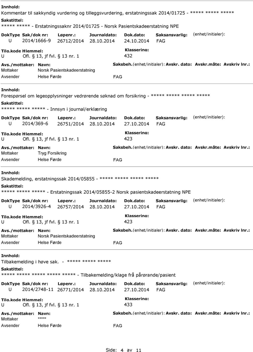 : Norsk Pasientskadeerstatning Forespørsel om legeopplysninger vedrørende søknad om forsikring - ***** ***** ***** ***** ***** ***** ***** - nnsyn i journal/erklæring 2014/369-6 26751/2014 Avs.