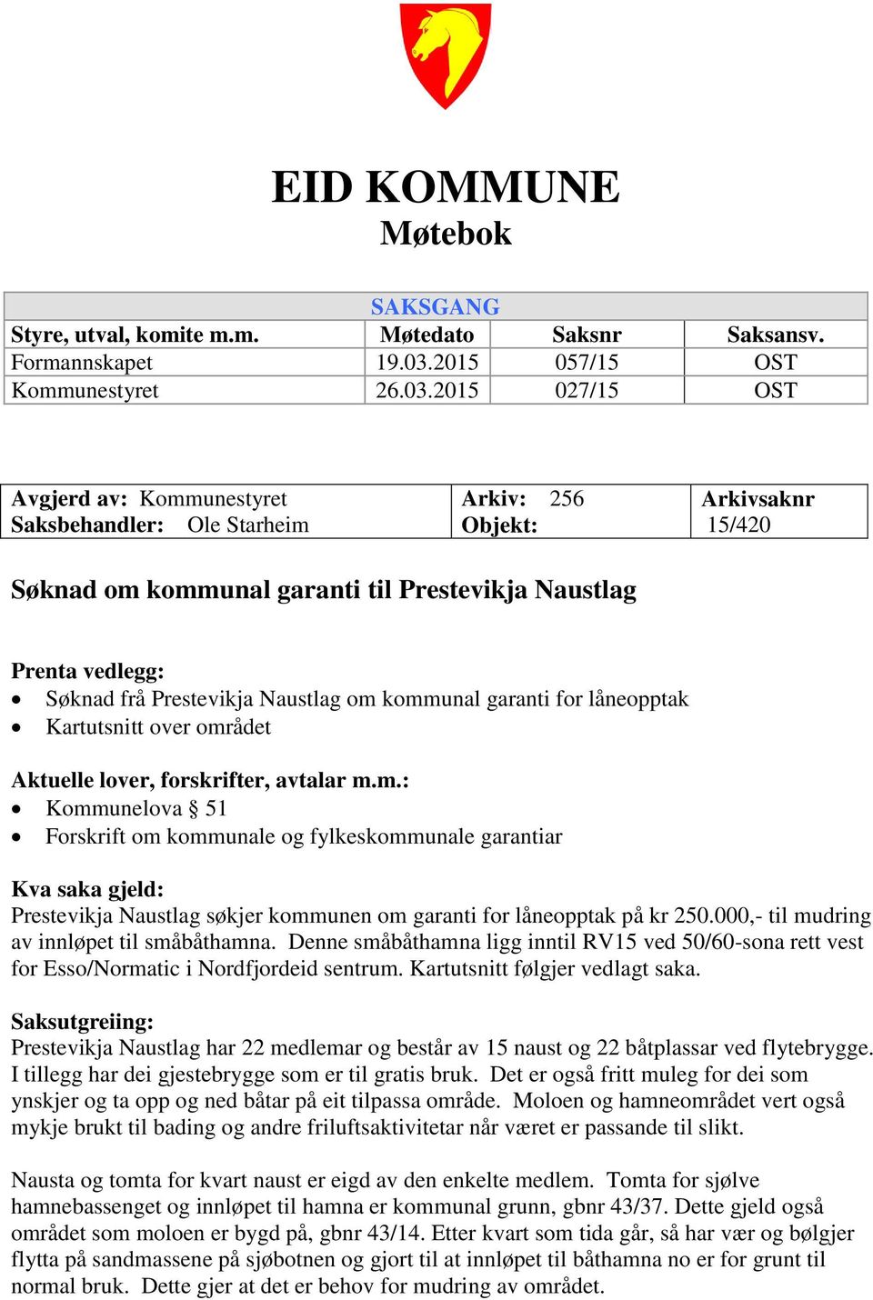 2015 027/15 OST Avgjerd av: Kommunestyret Saksbehandler: Ole Starheim Arkiv: 256 Objekt: Arkivsaknr 15/420 Søknad om kommunal garanti til Prestevikja Naustlag Prenta vedlegg: Søknad frå Prestevikja