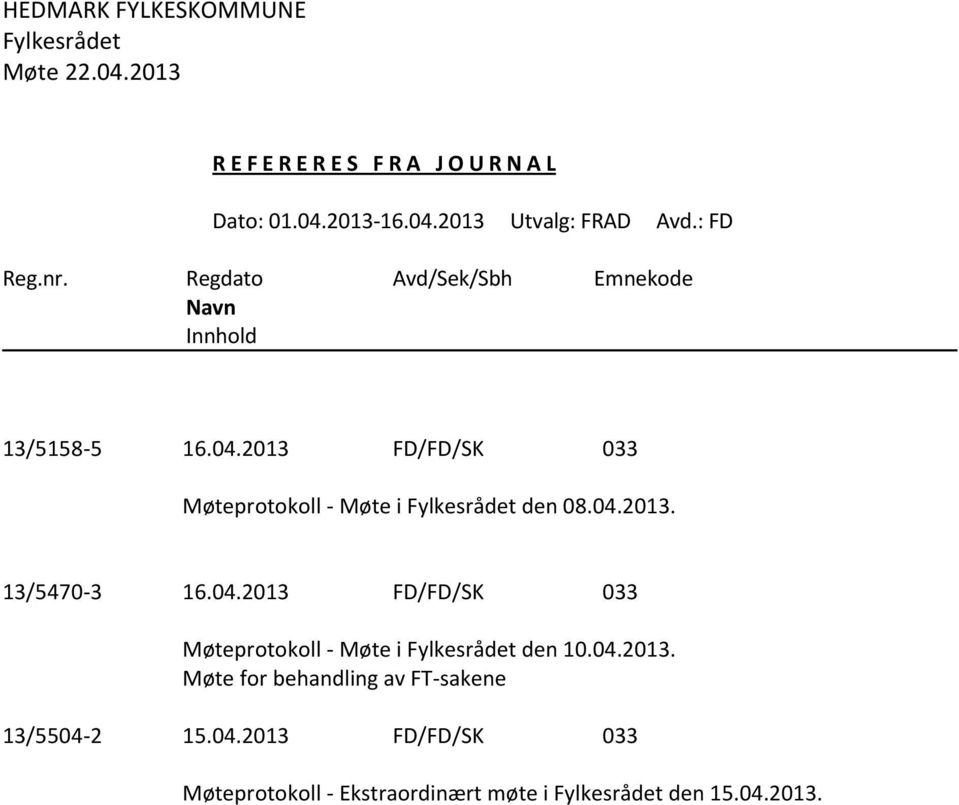 2013 FD/FD/SK 033 Møteprotokoll - Møte i Fylkesrådet den 08.04.2013. 13/5470-3 16.04.2013 FD/FD/SK 033 Møteprotokoll - Møte i Fylkesrådet den 10.