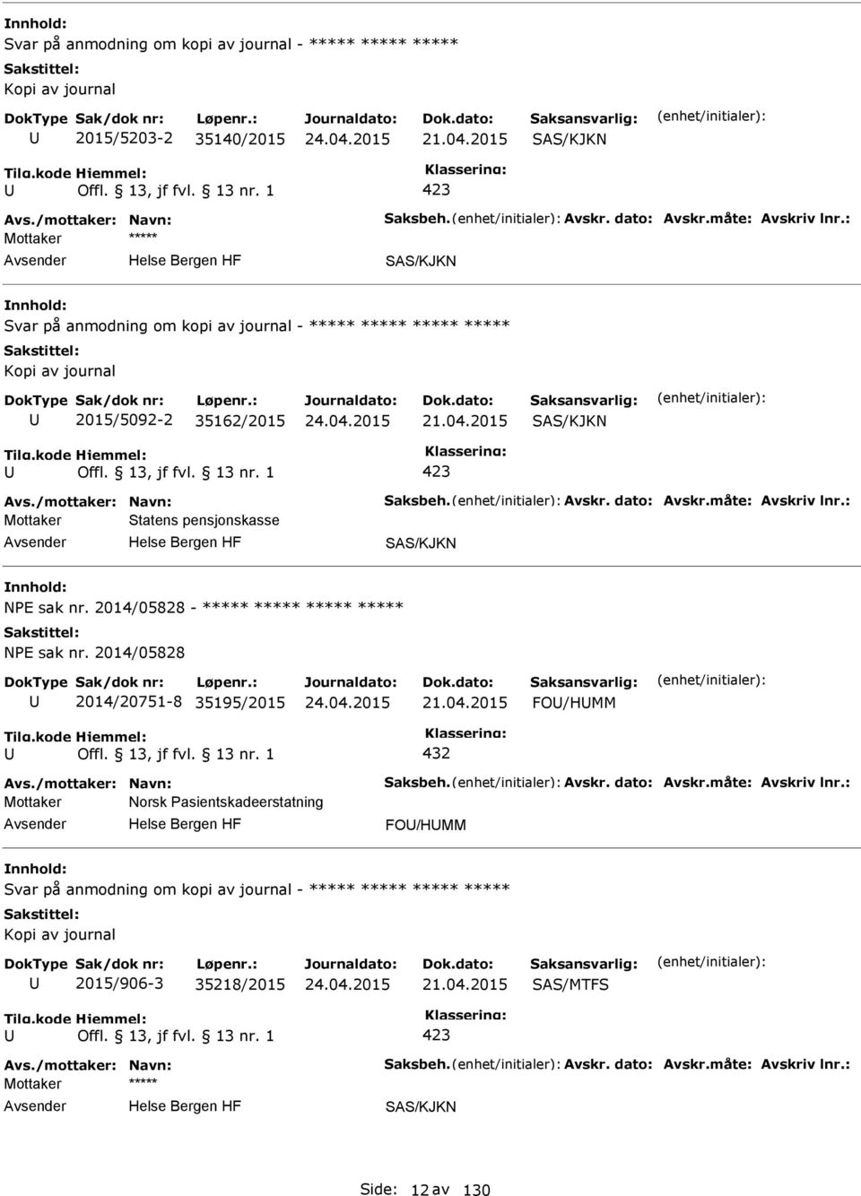 2015 SAS/KJKN 423 Mottaker Statens pensjonskasse SAS/KJKN NE sak nr. 2014/05828 - ***** ***** ***** ***** NE sak nr.