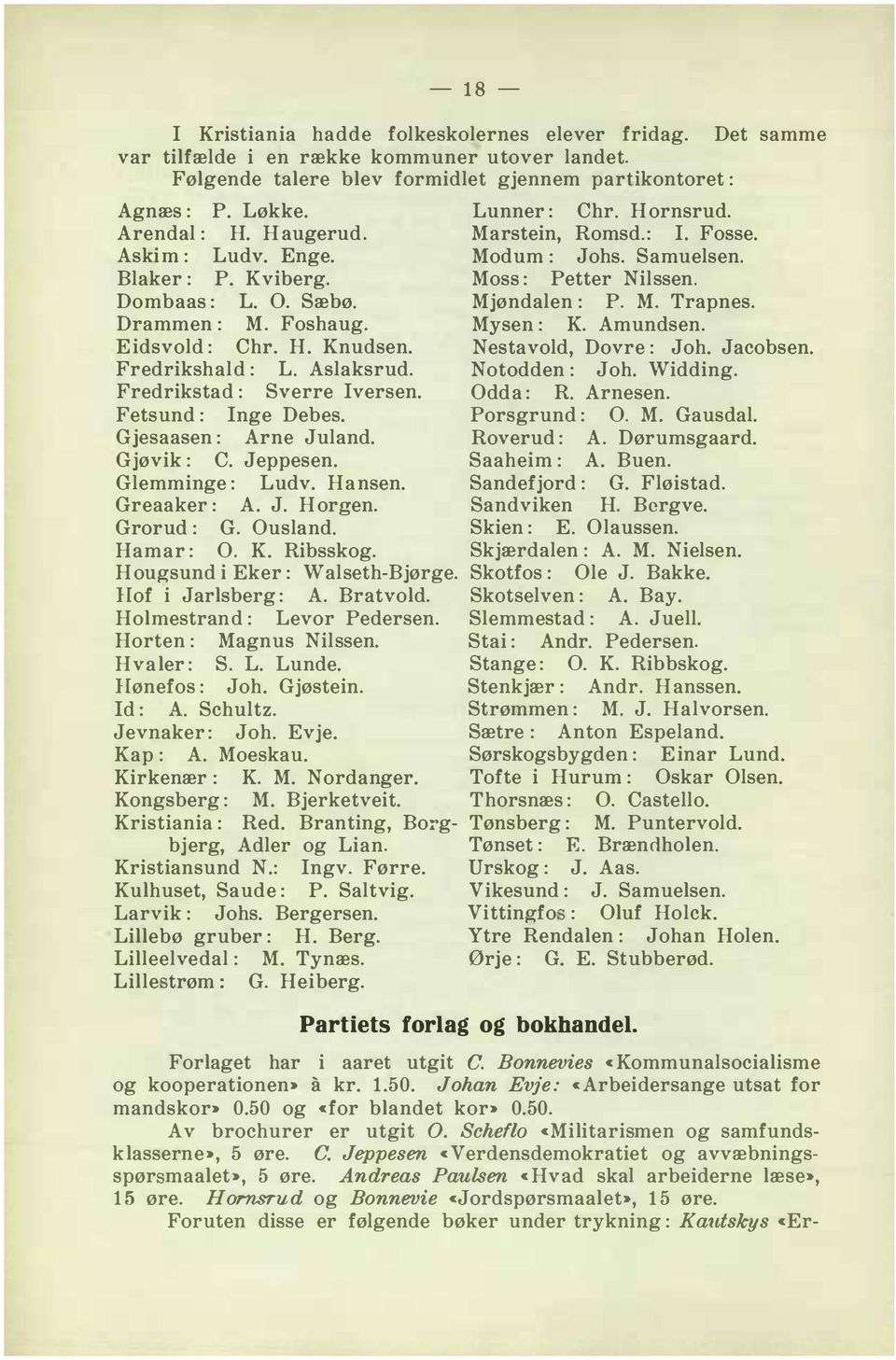 Drammen : M. Foshaug. Mysen : K. Amundsen. Eidsvold : Chr. H. Knudsen. Nesta vold, Dovre : Joh. Jacobsen. Fredrikshald : L. Aslaksrud. Notodden : Joh. Widding. Fredrikstad : Sverre Iversen. Odda: R.