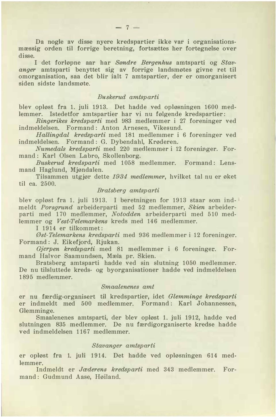 sidste landsmøte. Buskerud amtsparti blev opløst fra 1. juli 1913. Det hadde ved opløsningen 1600 medlemmer.