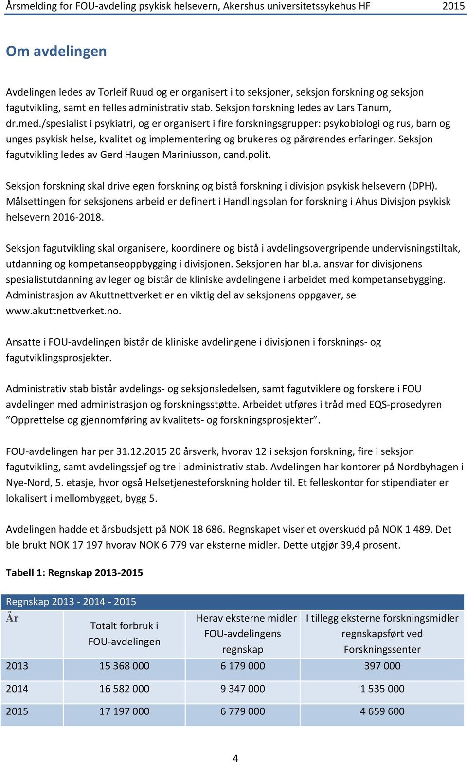 Seksjon fagutvikling ledes av Gerd Haugen Mariniusson, cand.polit. Seksjon forskning skal drive egen forskning og bistå forskning i divisjon psykisk helsevern (DPH).