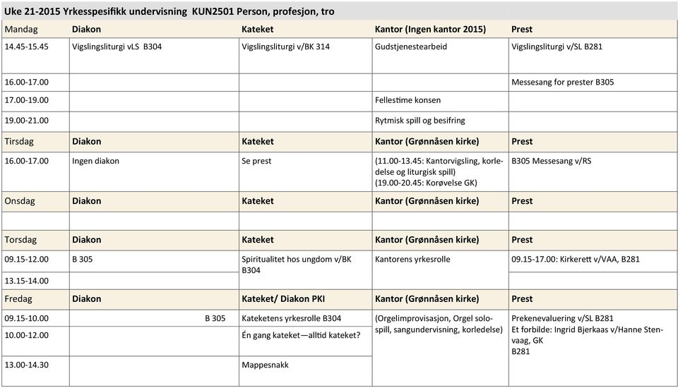 00 Rytmisk spill og besifring Tirsdag Diakon Kateket Kantor (Grønnåsen kirke) Prest - Ingen diakon Se prest (: Kantorvigsling, korledelse og liturgisk spill) (19.00-20.