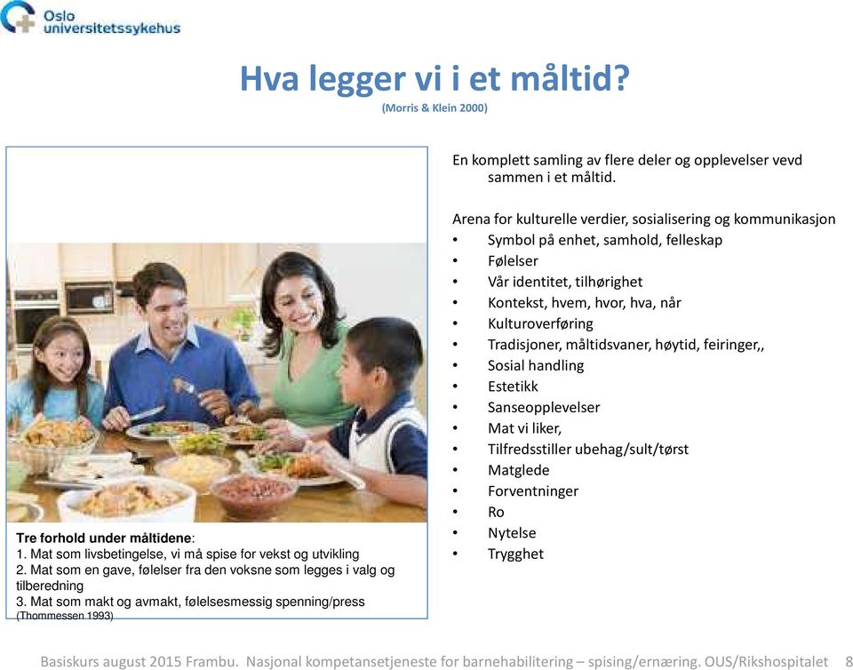 Mat som makt og avmakt, følelsesmessig spenning/press (Thommessen 1993) Arena for kulturelle verdier, sosialisering og kommunikasjon Symbol på enhet, samhold, felleskap Følelser Vår identitet,