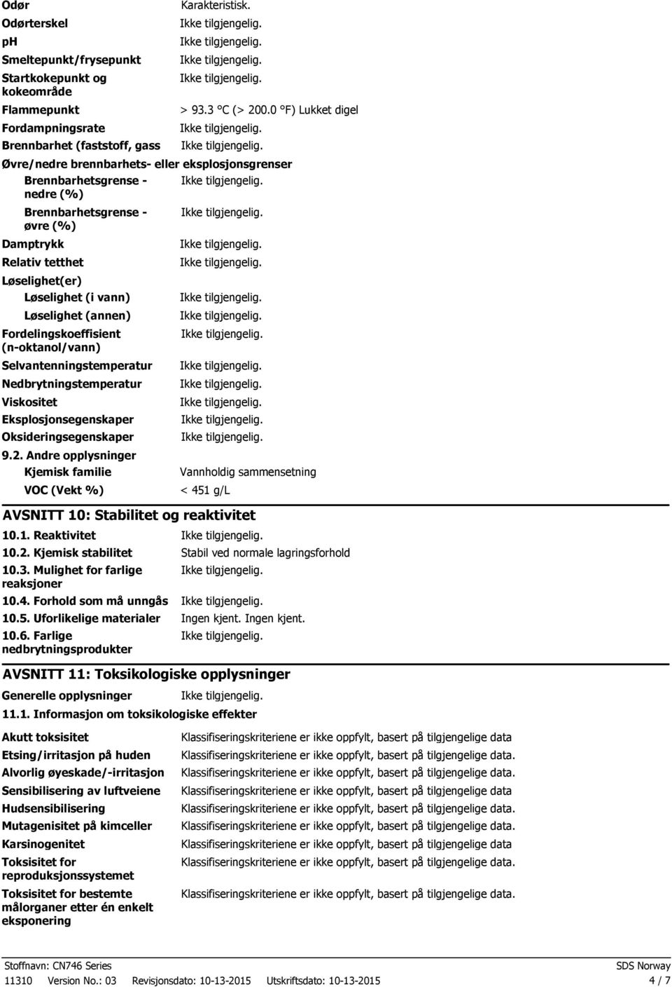 Løselighet (i vann) Løselighet (annen) Fordelingskoeffisient (noktanol/vann) Selvantenningstemperatur Nedbrytningstemperatur Viskositet Eksplosjonsegenskaper Oksideringsegenskaper 9.2.