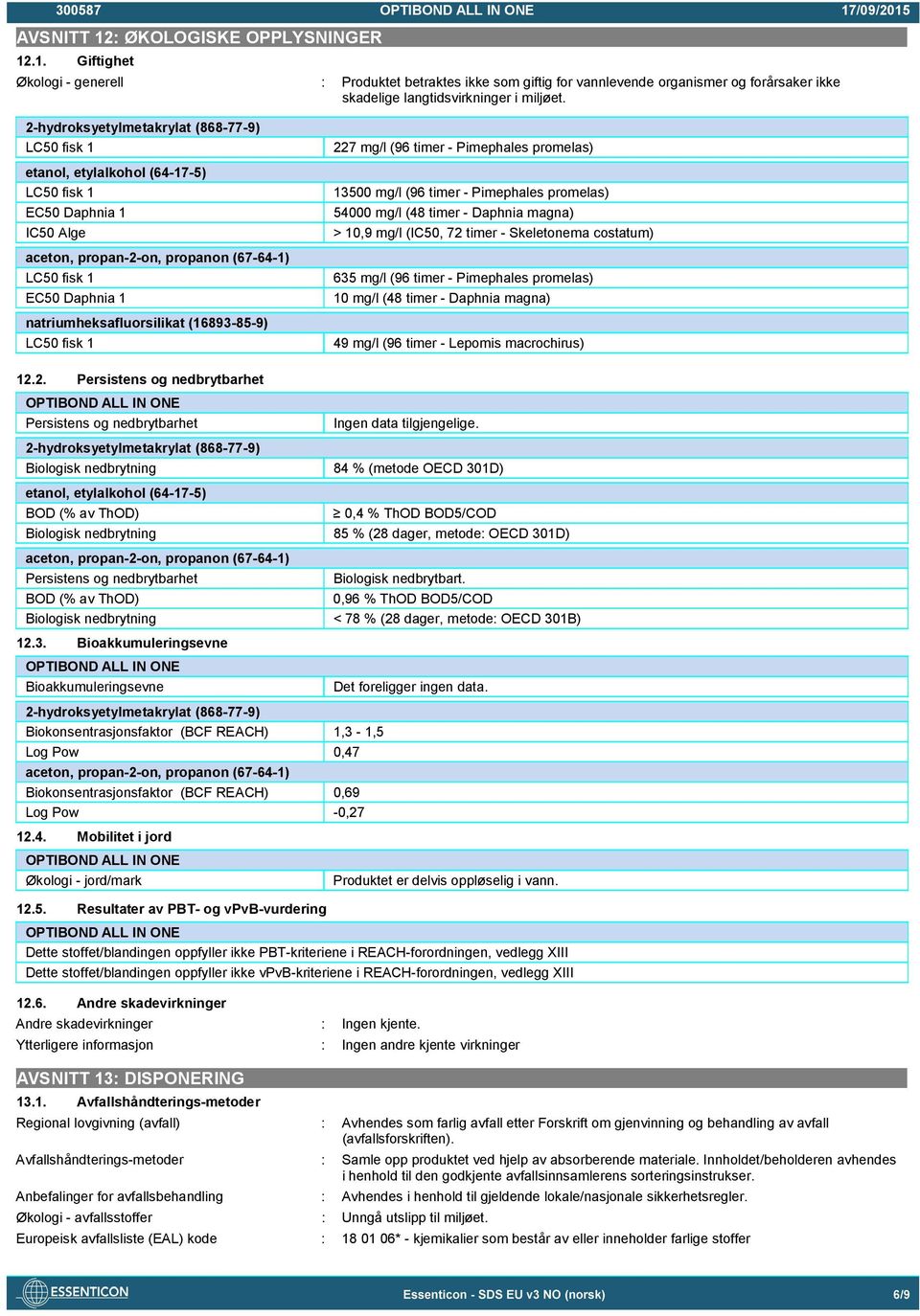 13500 mg/l (96 timer - Pimephales promelas) 54000 mg/l (48 timer - Daphnia magna) > 10,9 mg/l (IC50, 72 timer - Skeletonema costatum) 635 mg/l (96 timer - Pimephales promelas) 10 mg/l (48 timer -